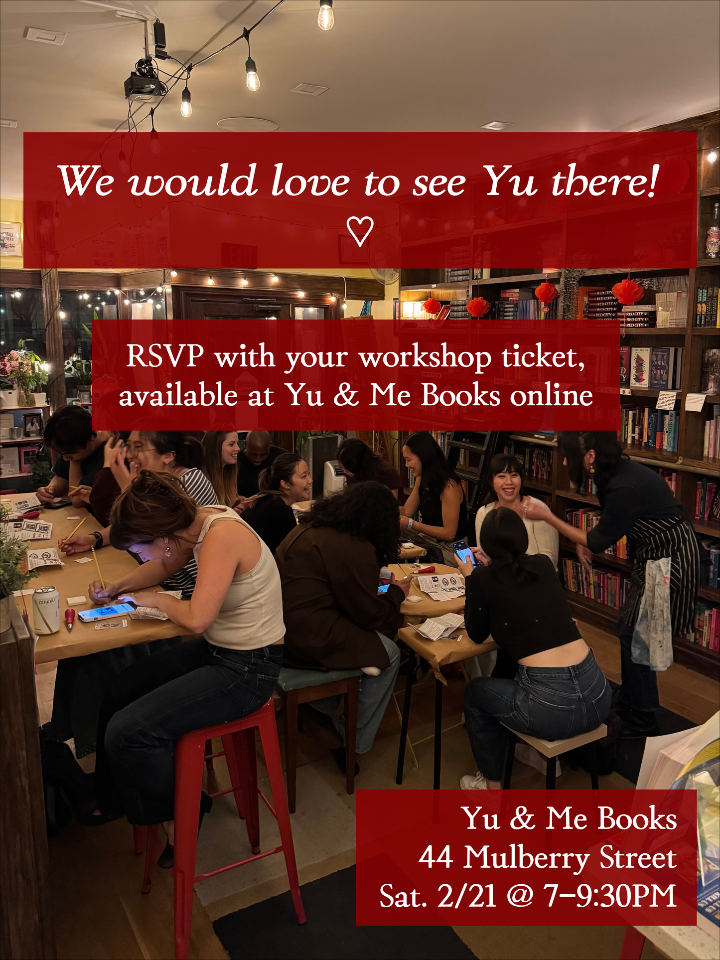 A cozy Yu & Me Books scene shows people chatting and crafting. Warm lights and books fill the space. Text details a Lunar New Year Beginner's Block Printing Workshop with Kintsugi Print Studio to make handmade bookmarks.