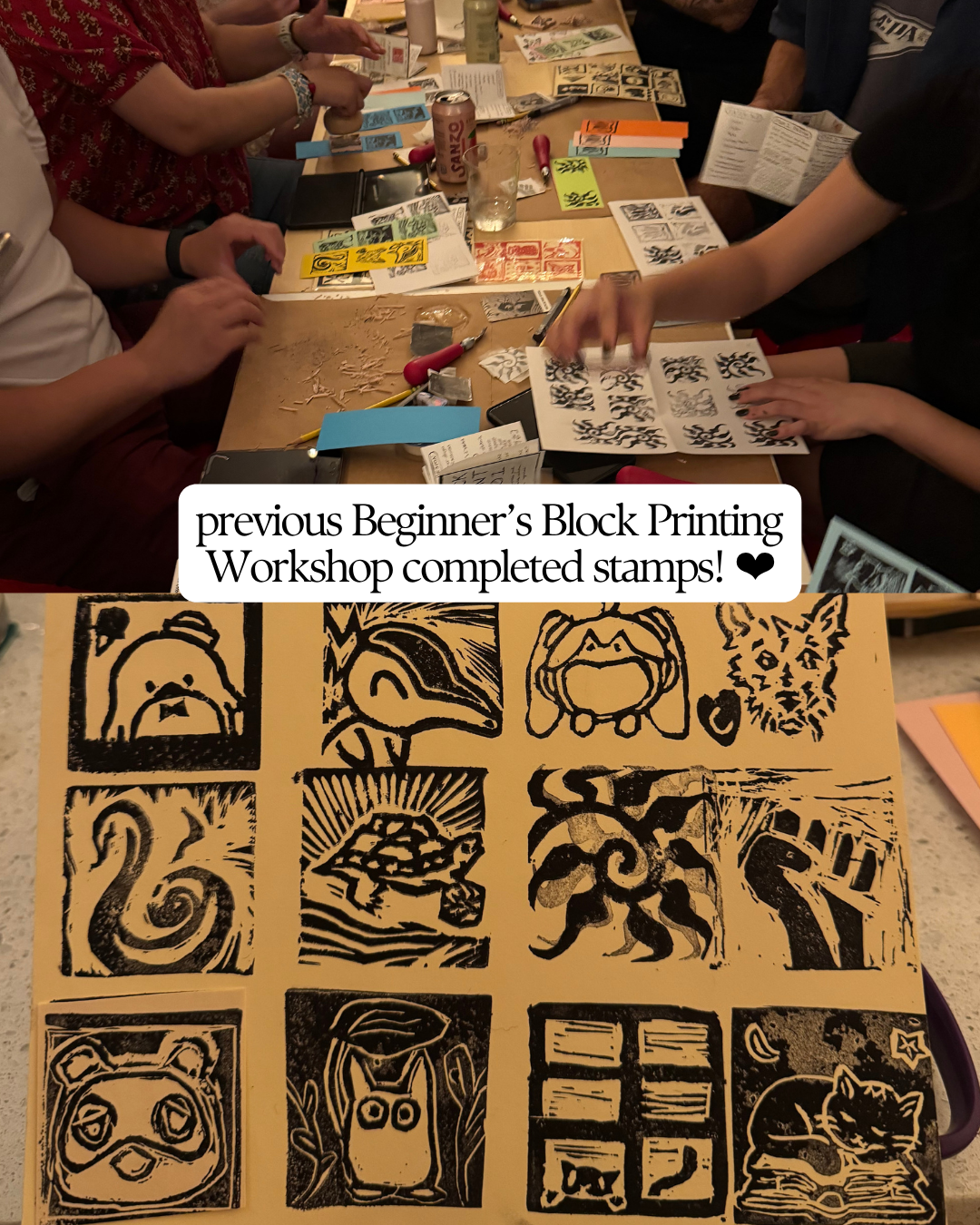 At the Beginner’s Block Printing Workshop with Kintsugi Print Studio by Yu & Me Books, participants gather around a table filled with papers and tools, busily working on their block prints. Below, a vibrant display showcases an array of completed animal-themed block prints and handmade bookmarks—highlighting the creative achievements of this lively beginner’s workshop.