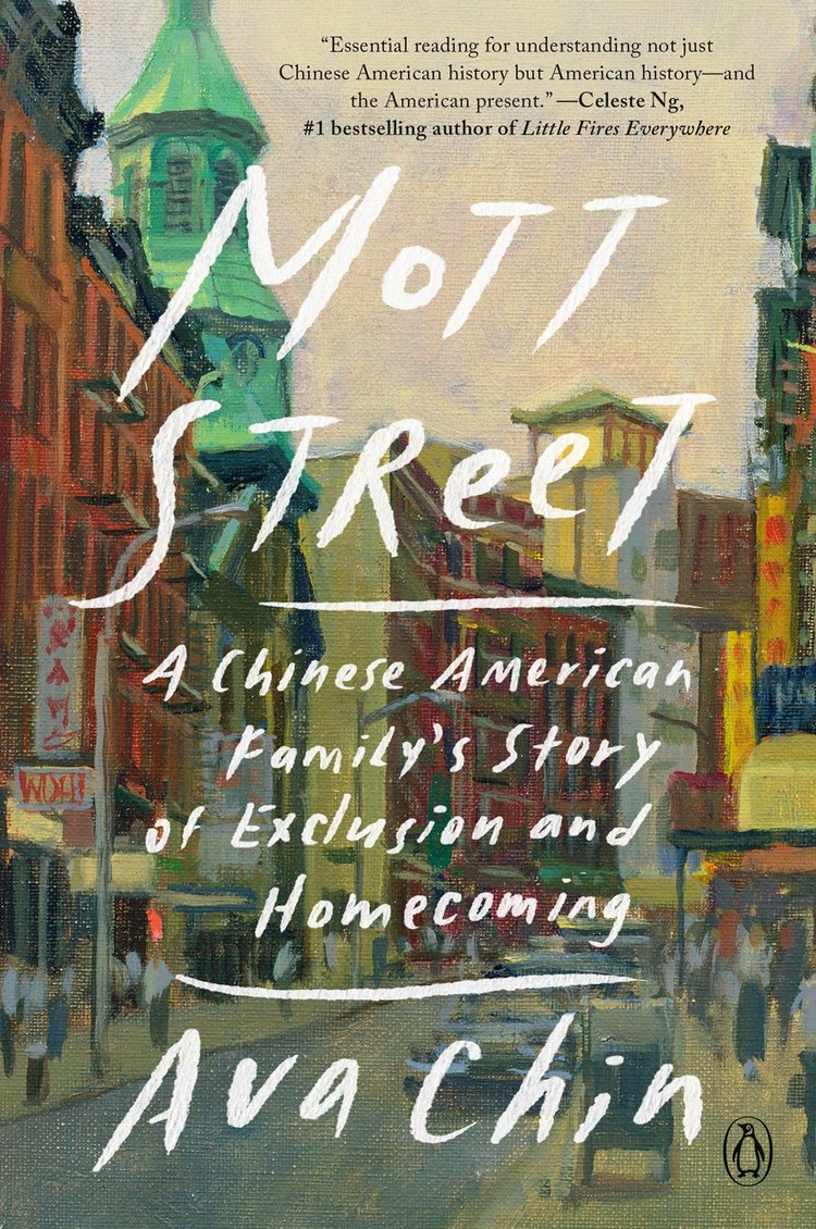 Signed and personalized copy of "Mott Street" by Ava Chin from Yu & Me Books, featuring a cover with a painted Chinatown street scene that reflects a Chinese American family's journey under the Chinese Exclusion Act.