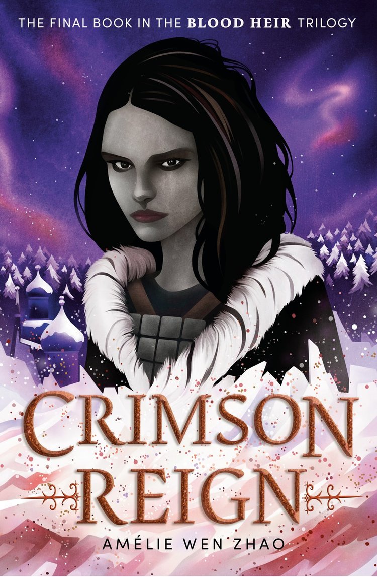 A dark-haired woman in a fur-collared coat stands before a snowy, purple forest and castle. The cover features Crimson Reign by Amélie Wen Zhao (Signed & Personalized!), the epic finale of the Blood Heir trilogy—available at Yu & Me Books.