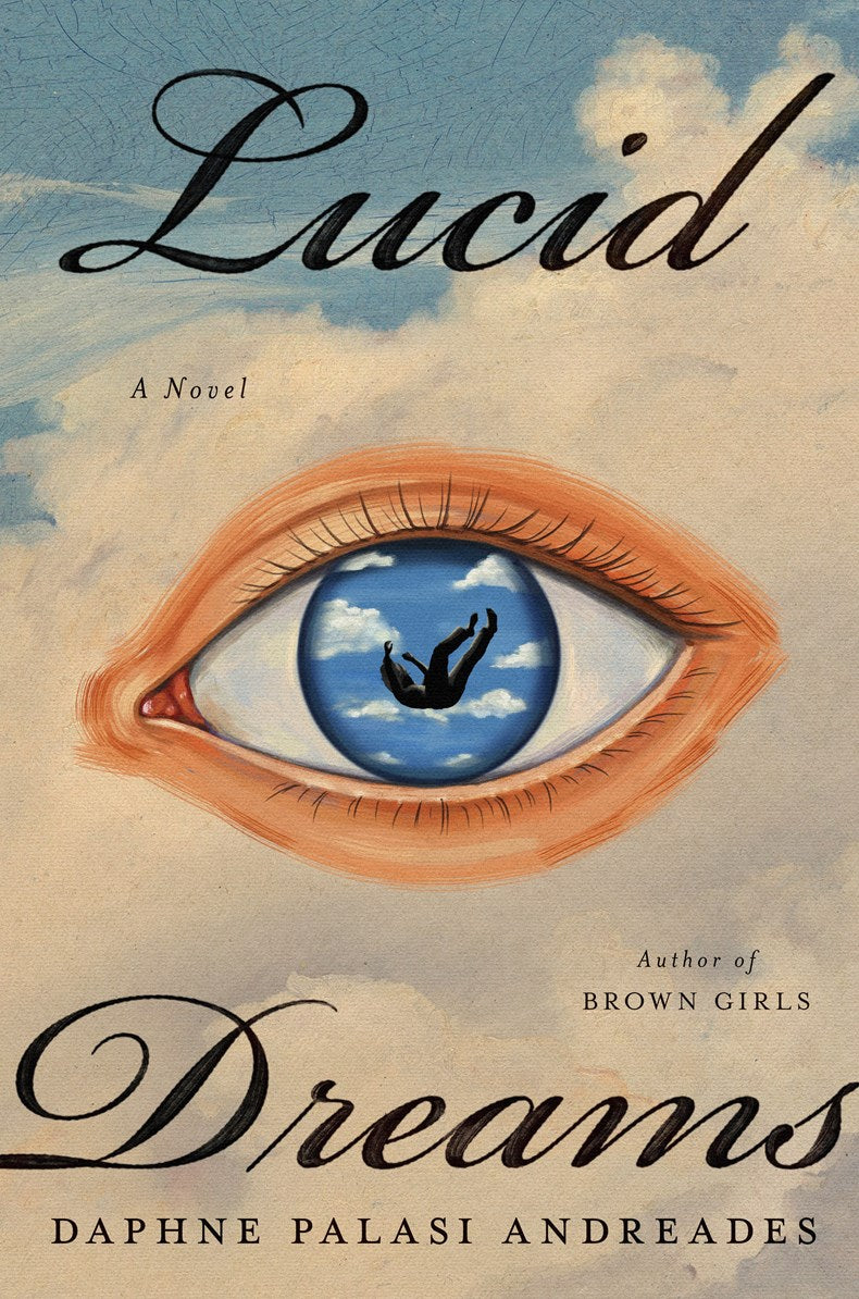 Book cover for Lucid Dreams by Daphne Palasi Andreades, featuring a large eye with clouds and a falling figure in the iris against a sky background. Signed & personalized pre-order available from Yu & Me Books.