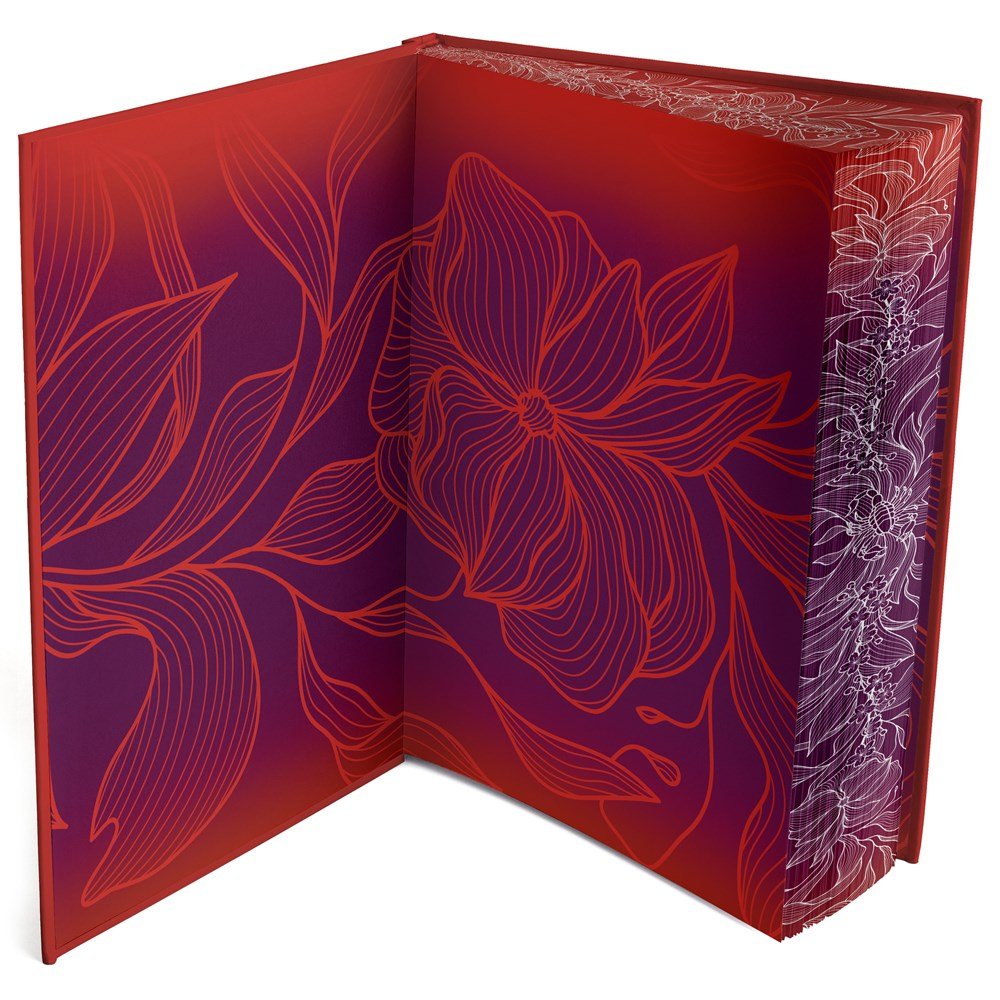 A signed, personalized edition of *Scorpion and the Night Blossom* by Amélie Wen Zhao from Yu & Me Books, with intricate floral line art and large stylized flowers in bright colors on the inside cover and page edges.