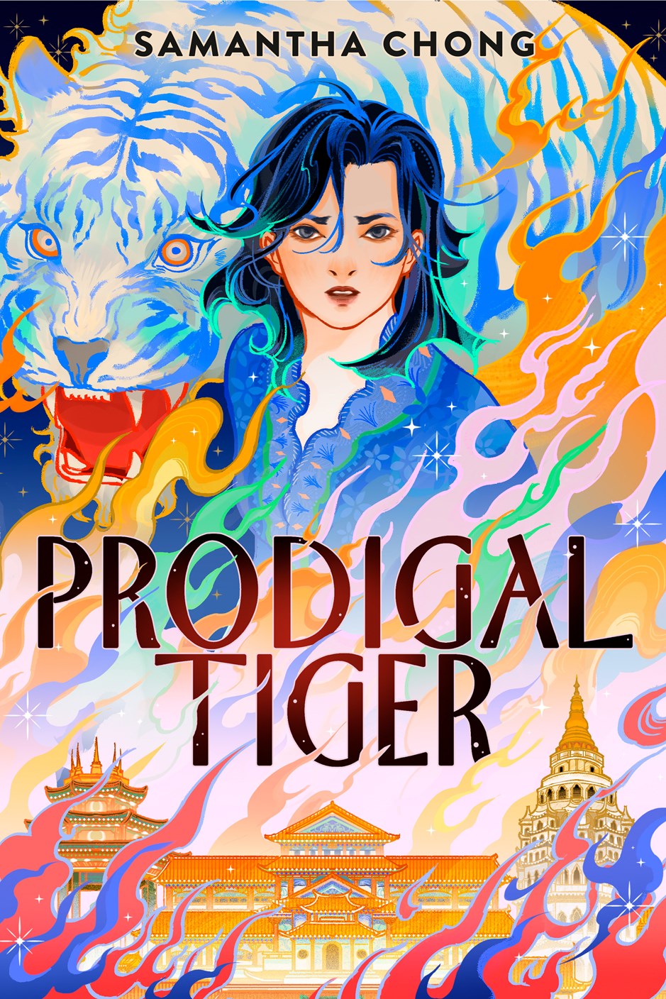 Exclusive Prodigal Tiger by Samantha Chong (Signed & Personalized!) from Yu & Me Books—YA fantasy inspired by Malaysian folklore with a blue-haired figure, roaring tiger, swirling patterns, and ornate Asian-style buildings on the cover.