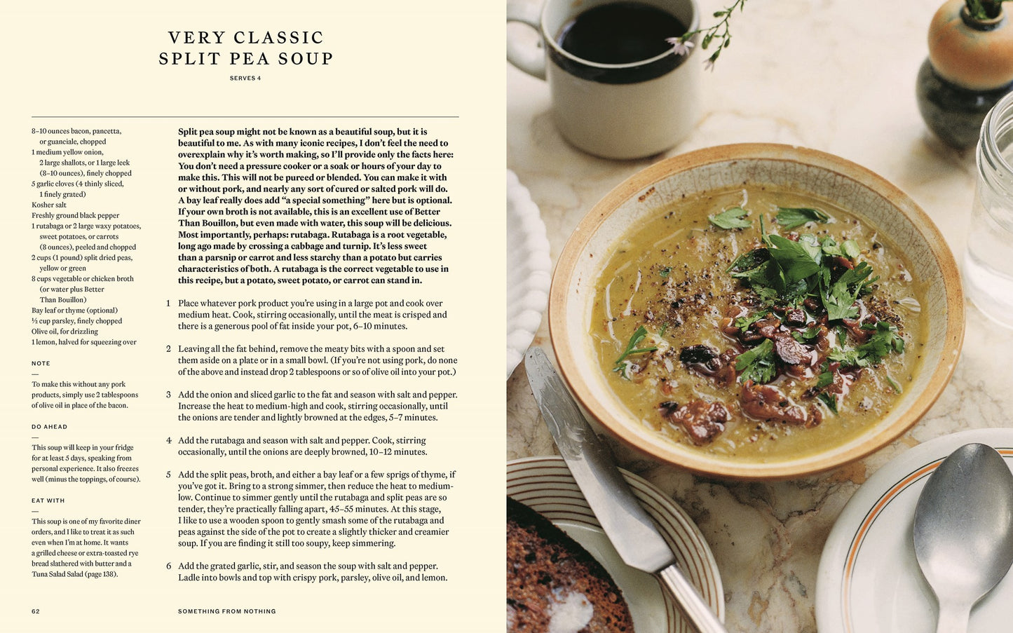 A bowl of split pea soup with herbs sits on a marble table beside black coffee, bread, and water. On the left is recipe text for Very Classic Split Pea Soup from "Something from Nothing by Alison Roman" (Signed! Limited Qty!) at Yu & Me Books.