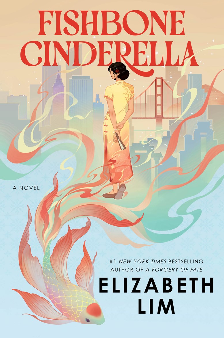 Book cover of Fishbone Cinderella by Elizabeth Lim (Signed Bookplate) from Yu & Me Books, a captivating Hong Kong historical fiction, showcasing a woman in a yellow dress, a city skyline with a bridge, and an orange fish swimming among vibrant swirls.
