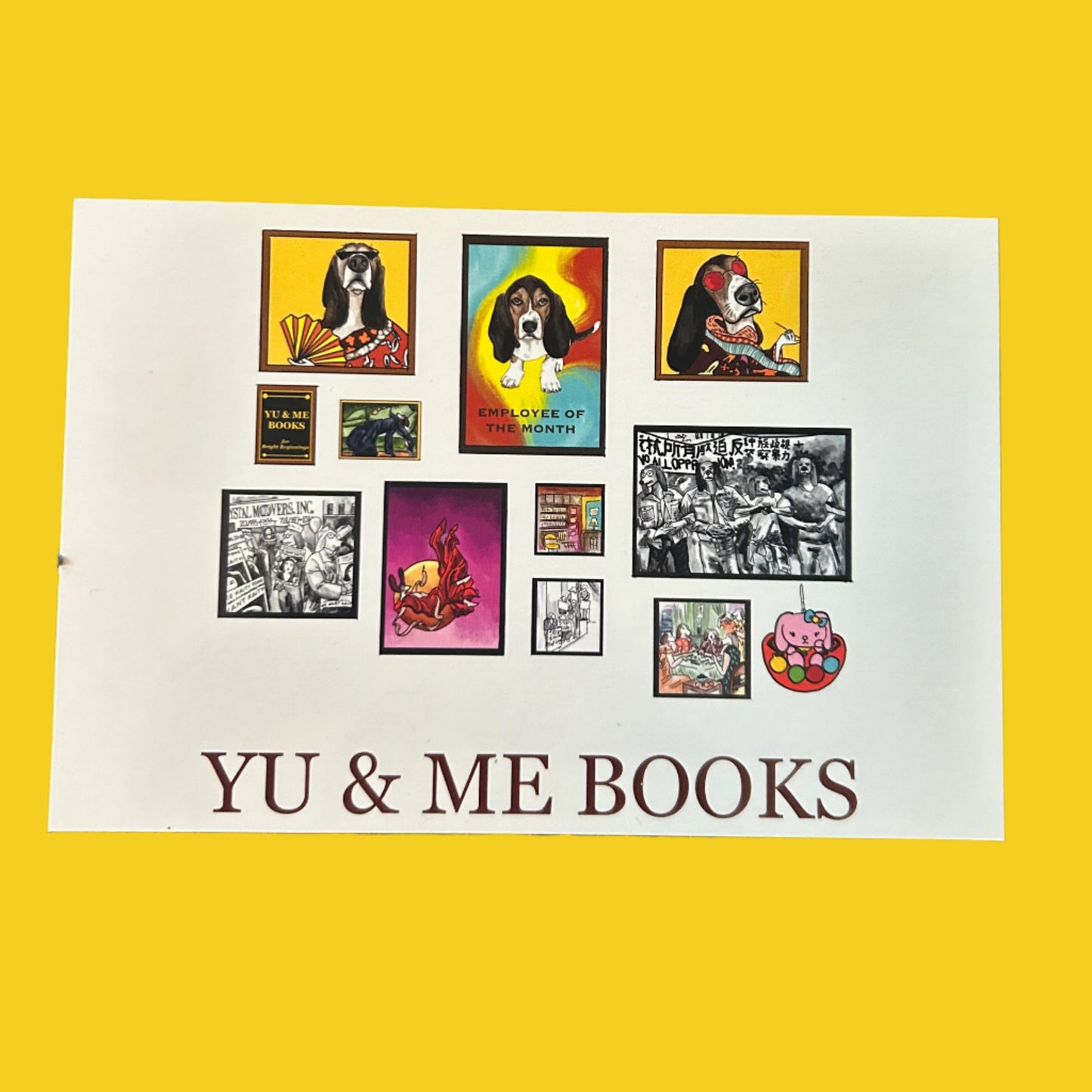 A gallery wall featuring colorful and black-and-white artwork, including stylized dogs, is displayed above "Yu & Me Books" for the 3 Yr Anniversary | Absolutely Pawsitive, Postcard.
