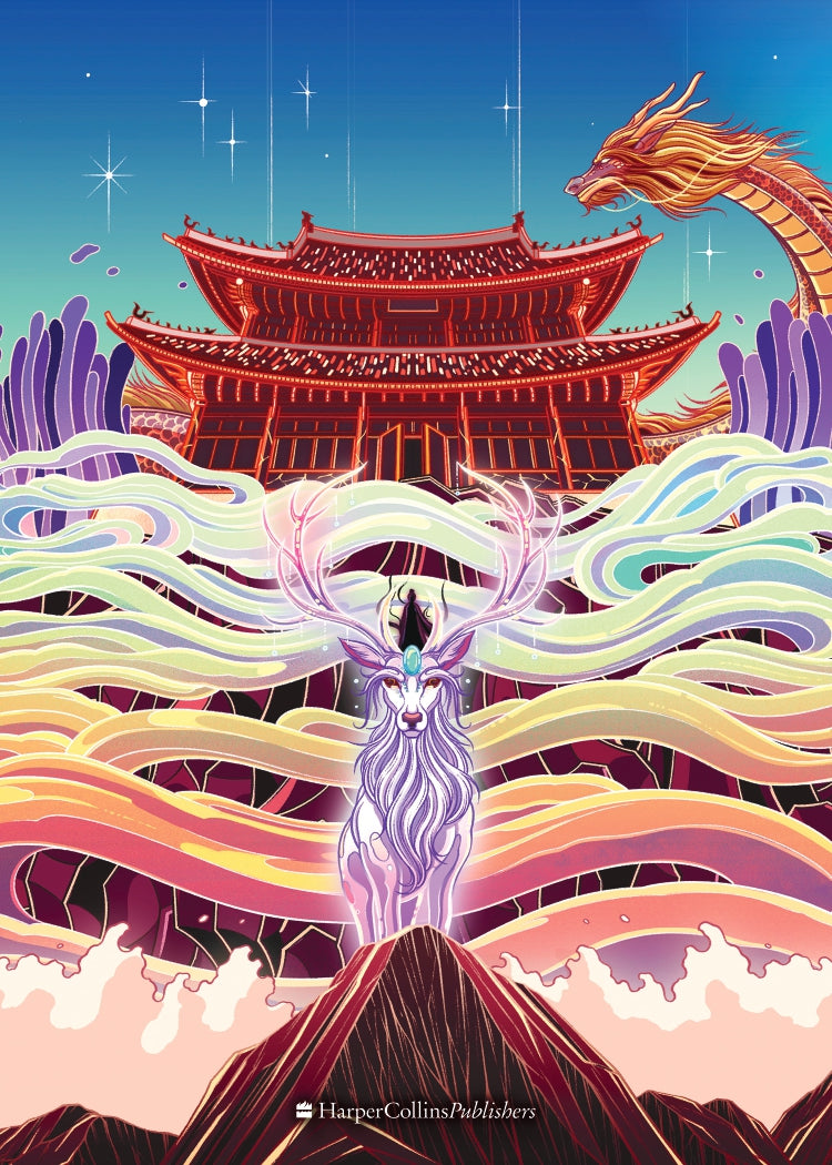 A glowing white stag with antlers stands on a mountain amid swirling mist. Behind are a red pagoda and golden dragon, evoking Korean fantasy. The Yu & Me Books logo is at the bottom. Product: "Last Soldier of Nava" by Yejin Suh (Signed & Personalized + FREE Postcard).