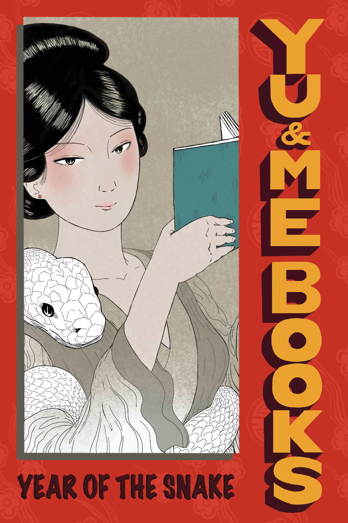 Celebrate the Year of the Snake with this limited-run Yu & Me Books postcard! Features an East Asian woman in traditional dress reading, a white snake coiled around her, and the text “YU & ME BOOKS” and “YEAR OF THE SNAKE” on red.
