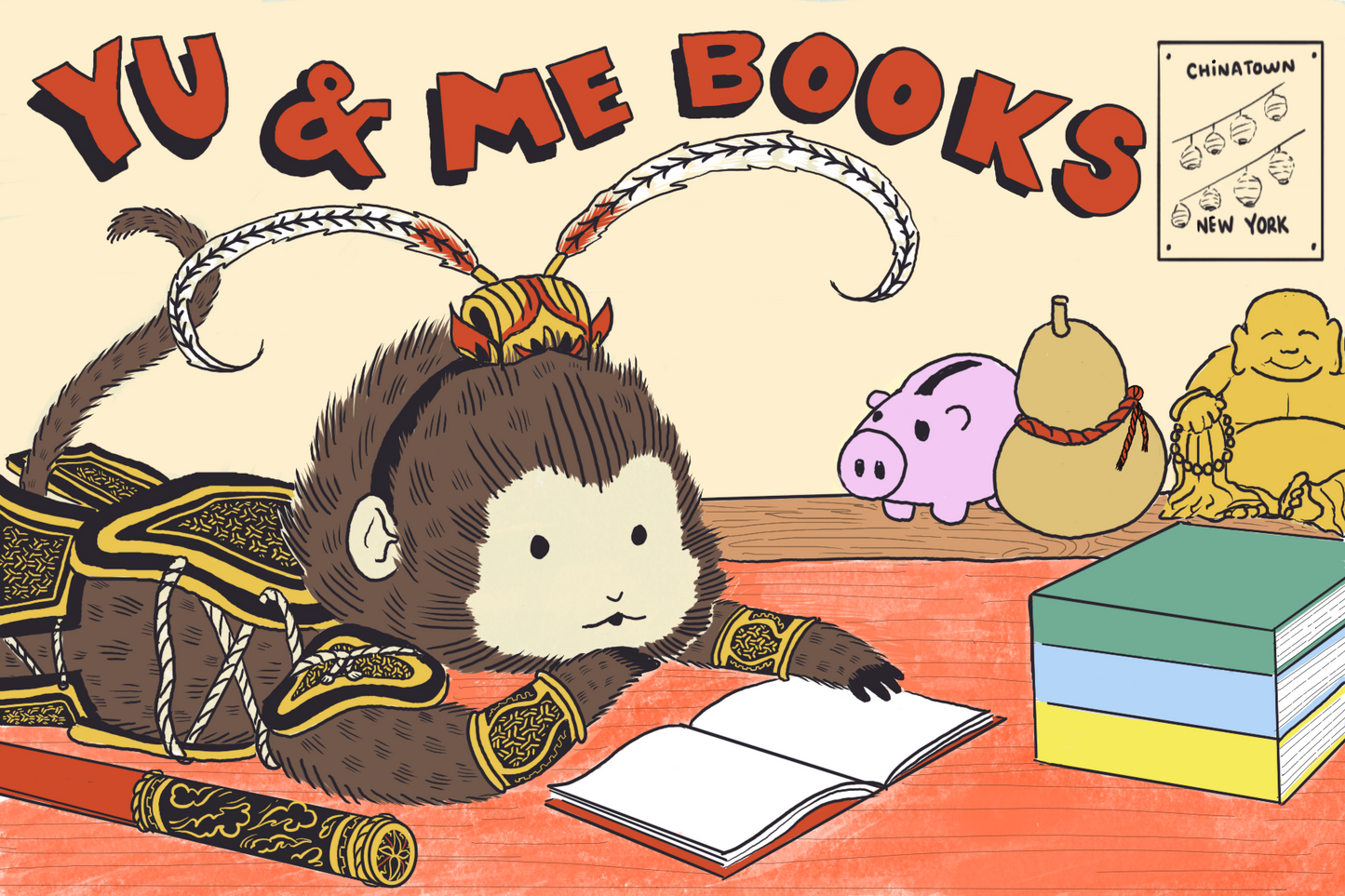 The Monkey King, Yu & Me Post Card by Yu & Me Books features a monkey in ornate armor reading at a desk, surrounded by charming details. This matte 4x6 postcard is perfect for book lovers and collectors alike.