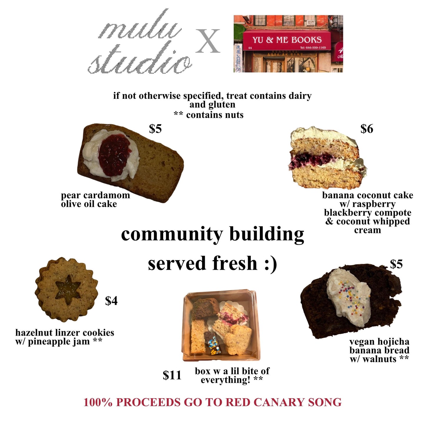 Flyer for Pop Up Cafe | Nulu Studio by Yu & Me Books, featuring vegan treats (with prices & descriptions). All proceeds to Red Canary Song. Includes photos of the baked goods around the text.