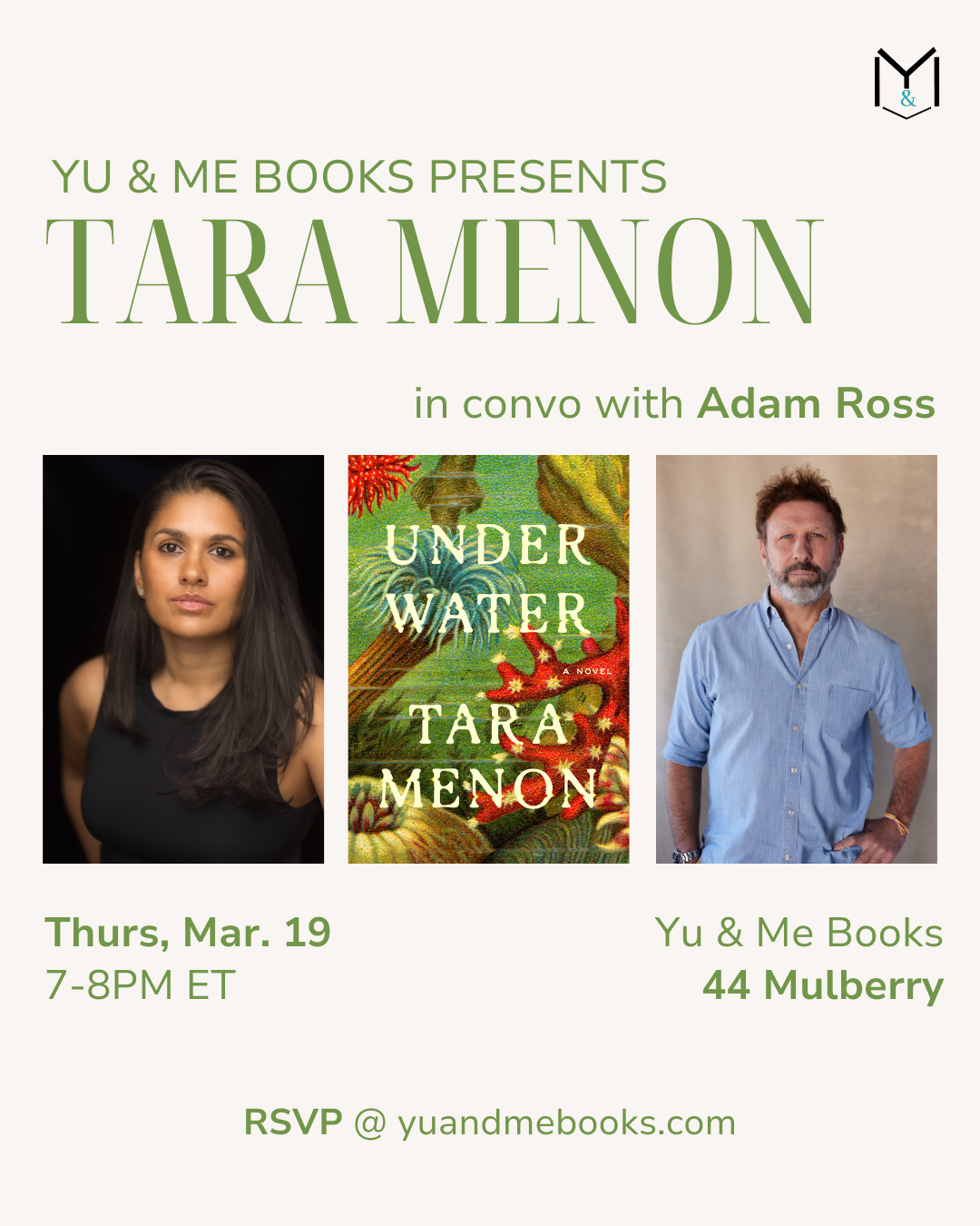 Book Launch | Under Water by Tara Menon at Yu & Me Books. Event poster features author Tara Menon, Adam Ross, the atmospheric novel’s cover, event details, and RSVP info at yuandmebooks.com. Attend for a chance to win a signed copy!.