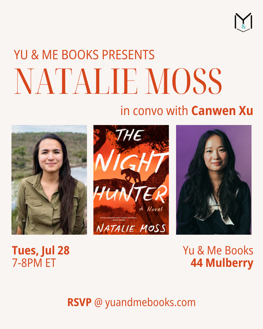 Event poster: Book Launch | Night Hunter by Natalie Moss. Natalie Moss in convo with Canwen Xu. Features both authors’ photos, new South African thriller, plus July 28, 7–8PM ET at Yu & Me Books. Attend for a chance to win a signed copy!.