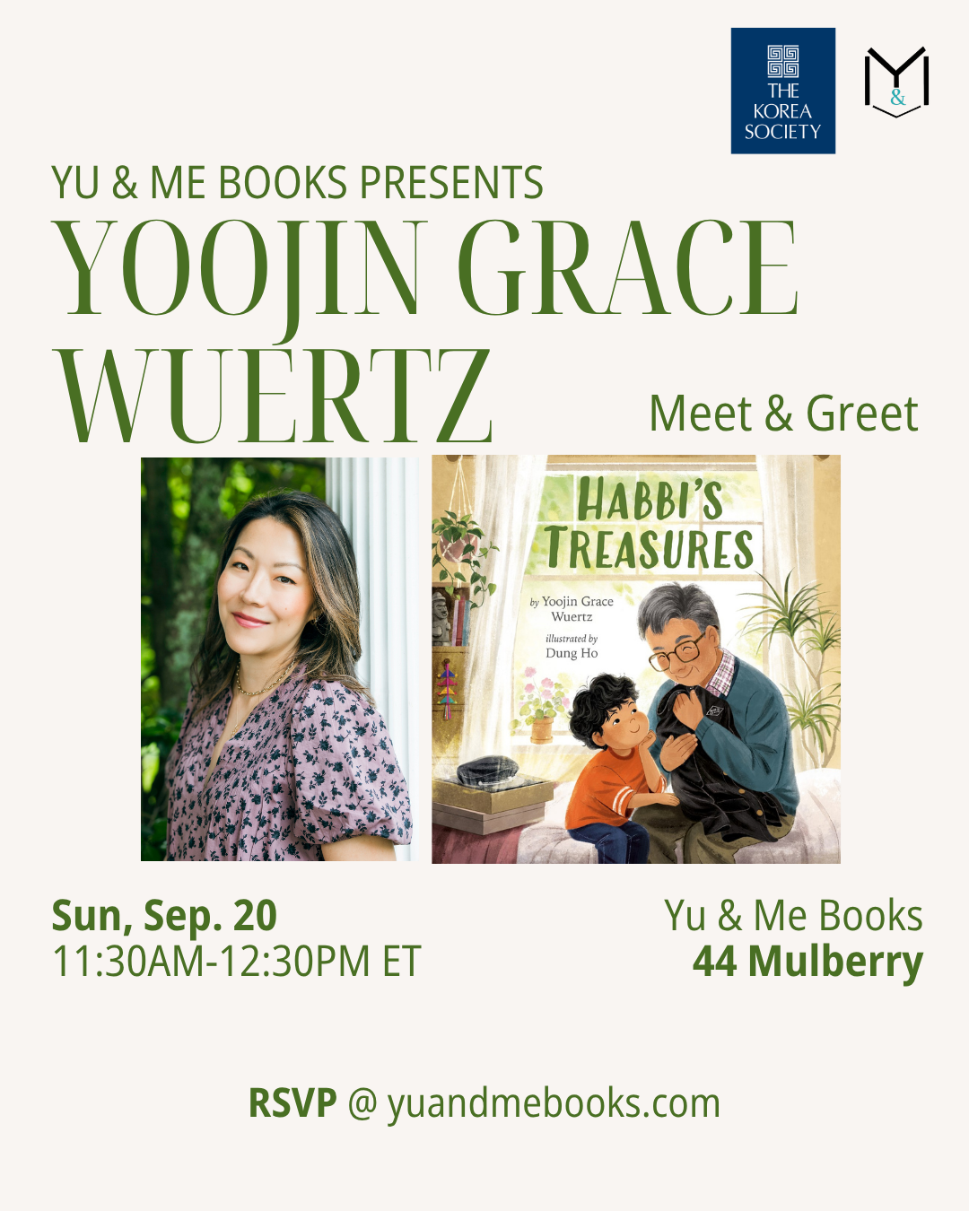 Event poster for Meet & Greet | Habbi’s Treasures by Yoojin Grace Wuertz (in partnership with the Korea Society) at Yu & Me Books. Features her photo, a book cover illustration of her acclaimed intergenerational story, event date and time, RSVP information, and a chance to receive a signed copy.