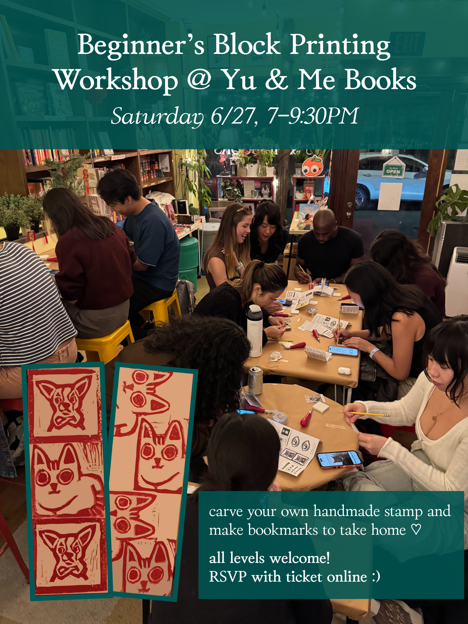 A group gathers at Yu & Me Books for a Beginner's Block Printing Workshop with Kintsugi Print Studio, carving stamps and creating handmade bookmarks. Two close-ups of red block-printed designs appear in the foreground, with workshop details overlaid.