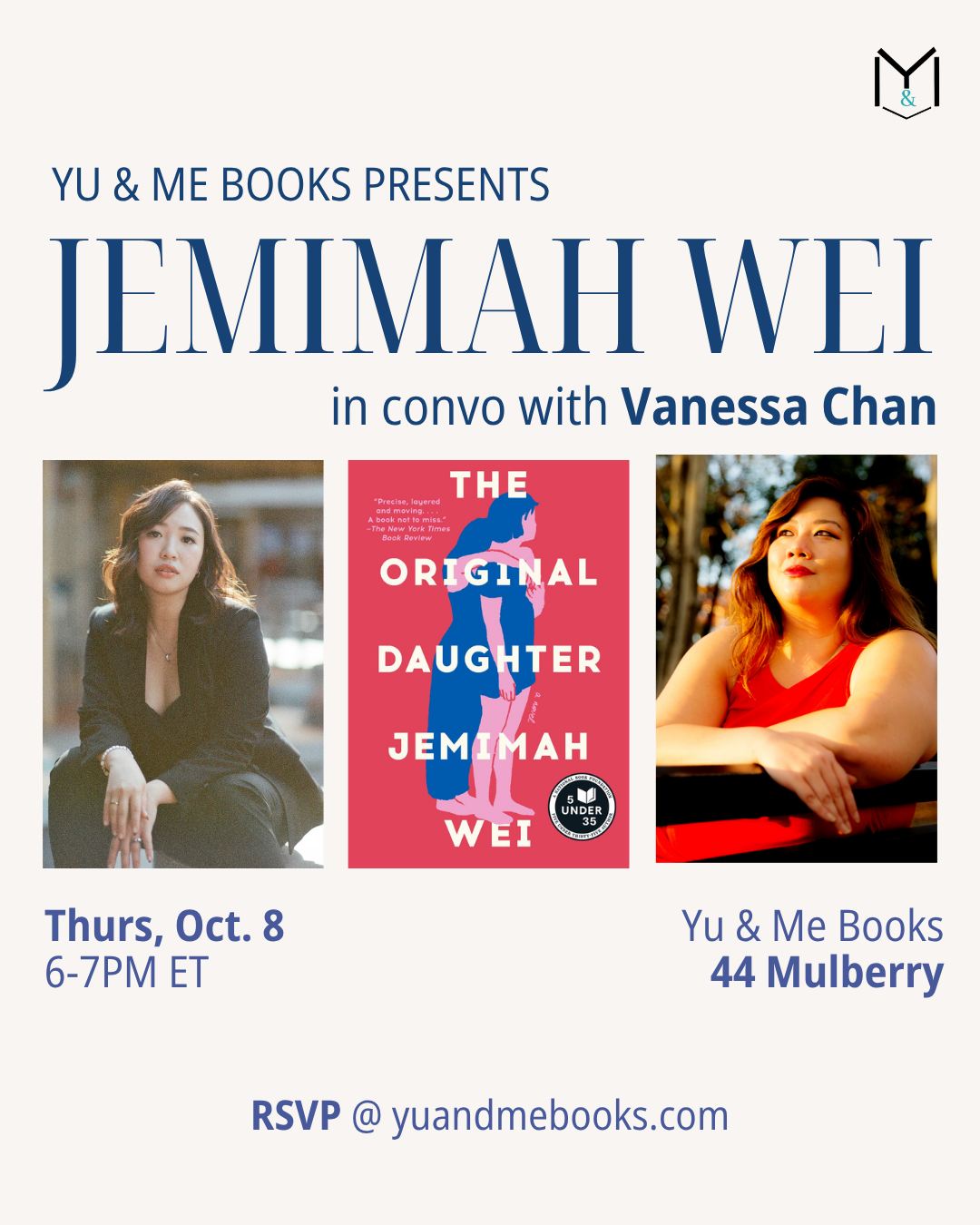 Event poster for Book Talk | The Original Daughter by Jemimah Wei at Yu & Me Books, featuring photos of two women embodying the spirit of sisterhood in Singapore. Poster includes the book cover, event details (October 8, 6–7PM ET at Yu & Me Books, 44 Mulberry), and RSVP information. Attendees will have an opportunity to receive a signed copy from author Jemimah Wei.