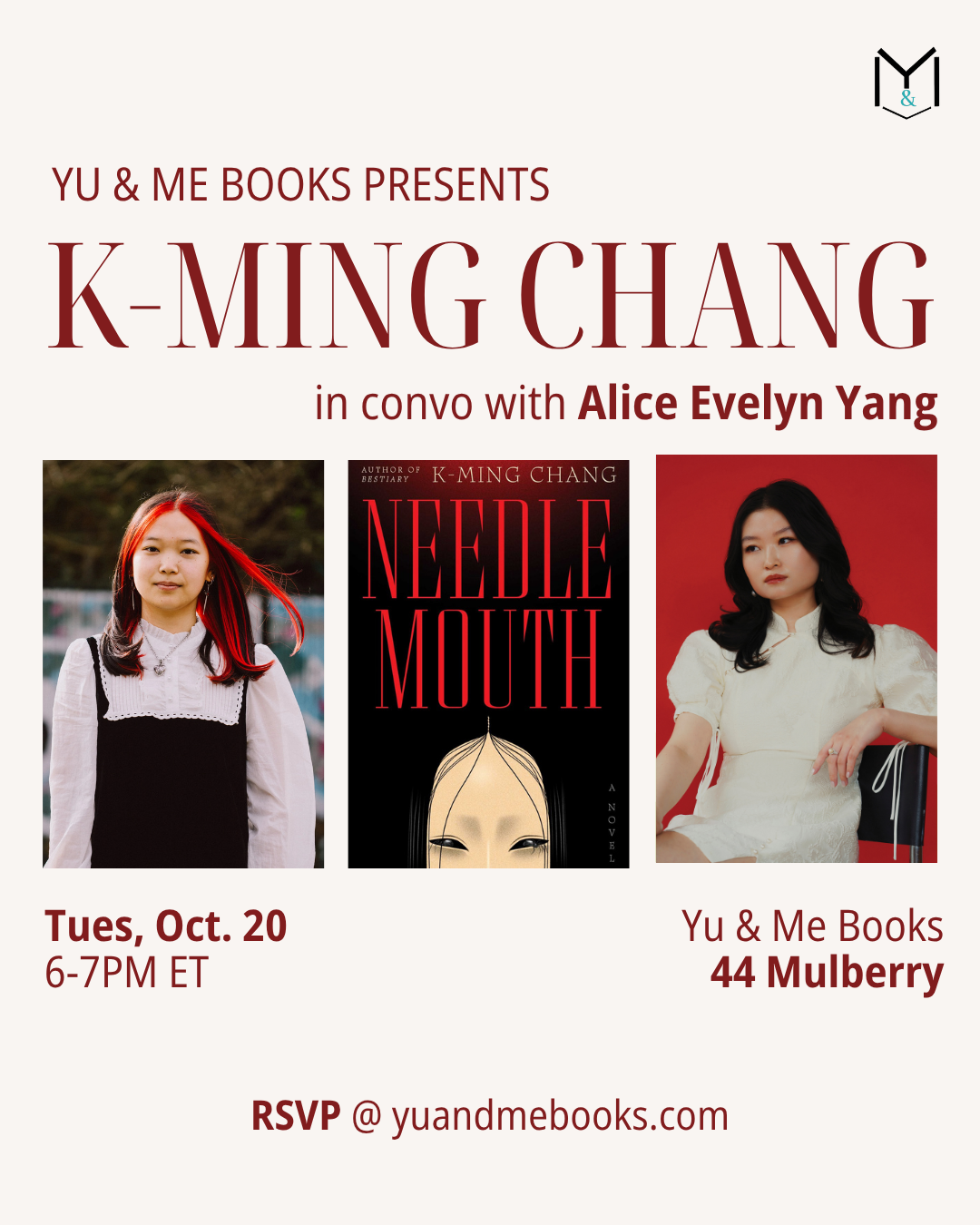 Event poster for “Book Launch | Needlemouth by K-Ming Chang” at Yu & Me Books, featuring award-winning author K-Ming Chang and Alice Evelyn Yang. Includes their photos, the Needlemouth book cover, event date (Oct. 20), RSVP details, and information on how to receive a signed copy.