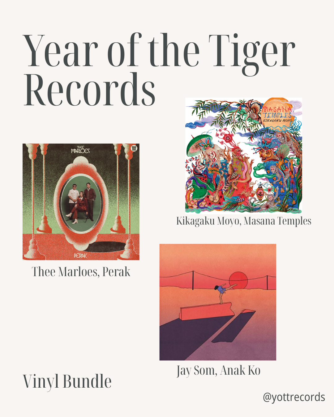 Enter for a chance to win the [Raffle] Support Village Works Bookstore! from Yu & Me Books—a special vinyl bundle featuring the album covers of Thee Marloes’ Perak, Kikagaku Moyo’s Masana Temples, and Jay Som’s Anak Ko on a beige background. Perfect for music lovers or NYC bookstores celebrating diverse sounds and local culture.