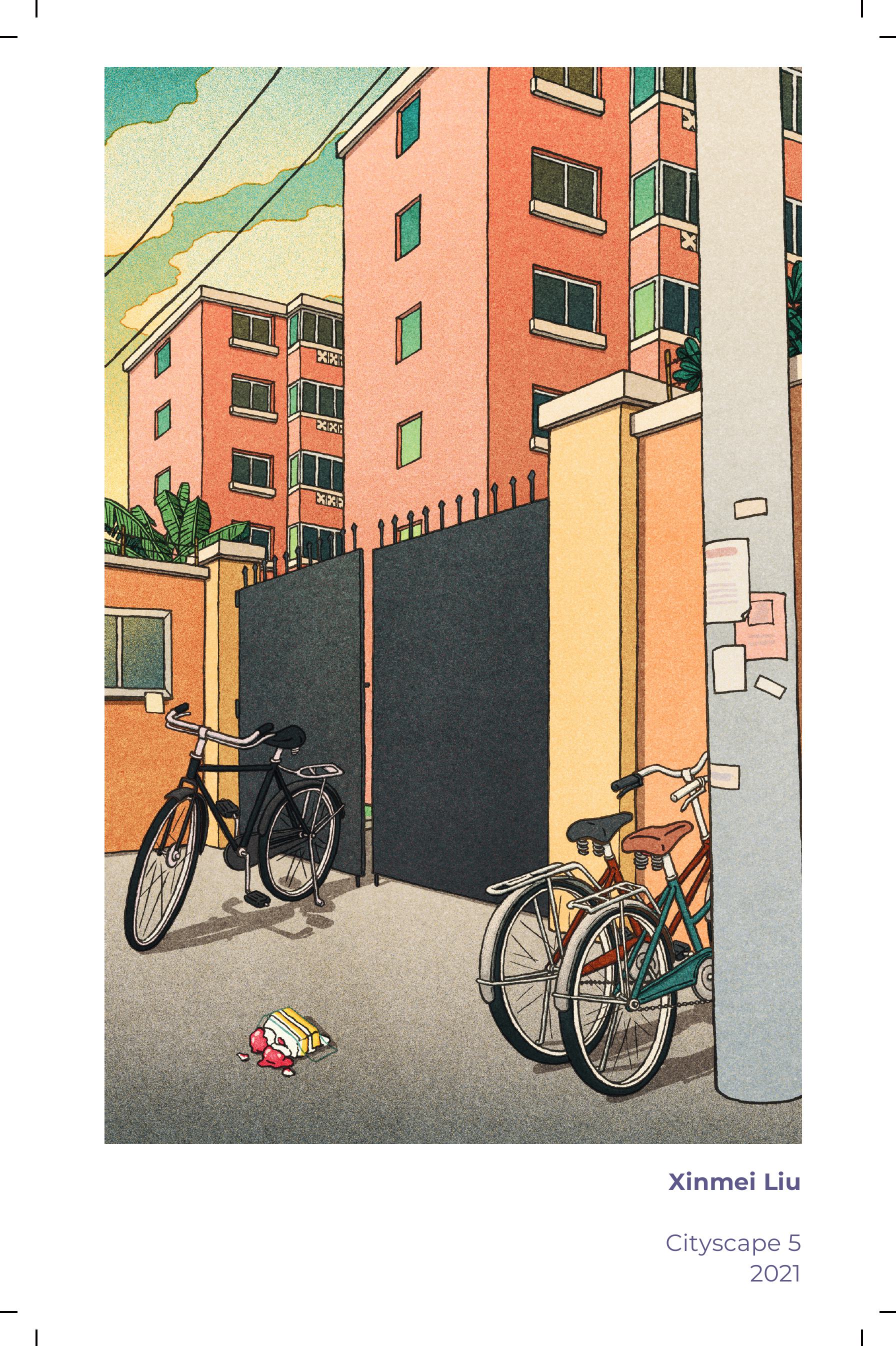 An illustrated cityscape evokes daily life for women in China—bikes by a black gate, peach apartments, and posters on a utility pole. Product: The Memory Museum by M Lin (Signed & Personalized), Yu & Me Books. Free artwork postcard included.