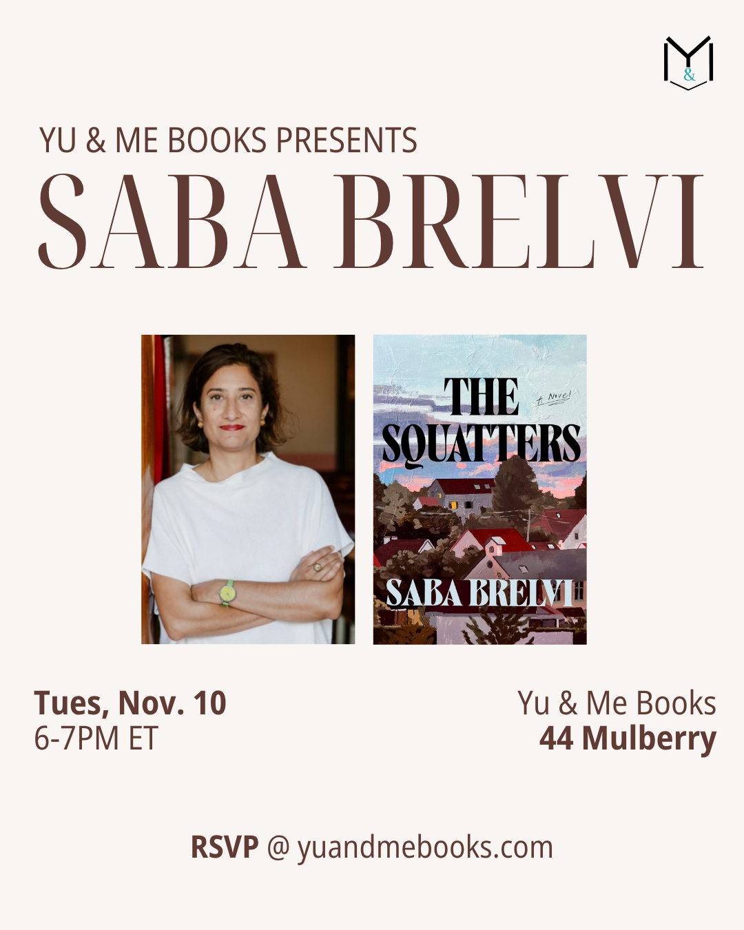 Event flyer for the Book Launch | Squatters by Saba Brelvi on Tuesday, Nov. 10, from 6-7 PM ET at 44 Mulberry.