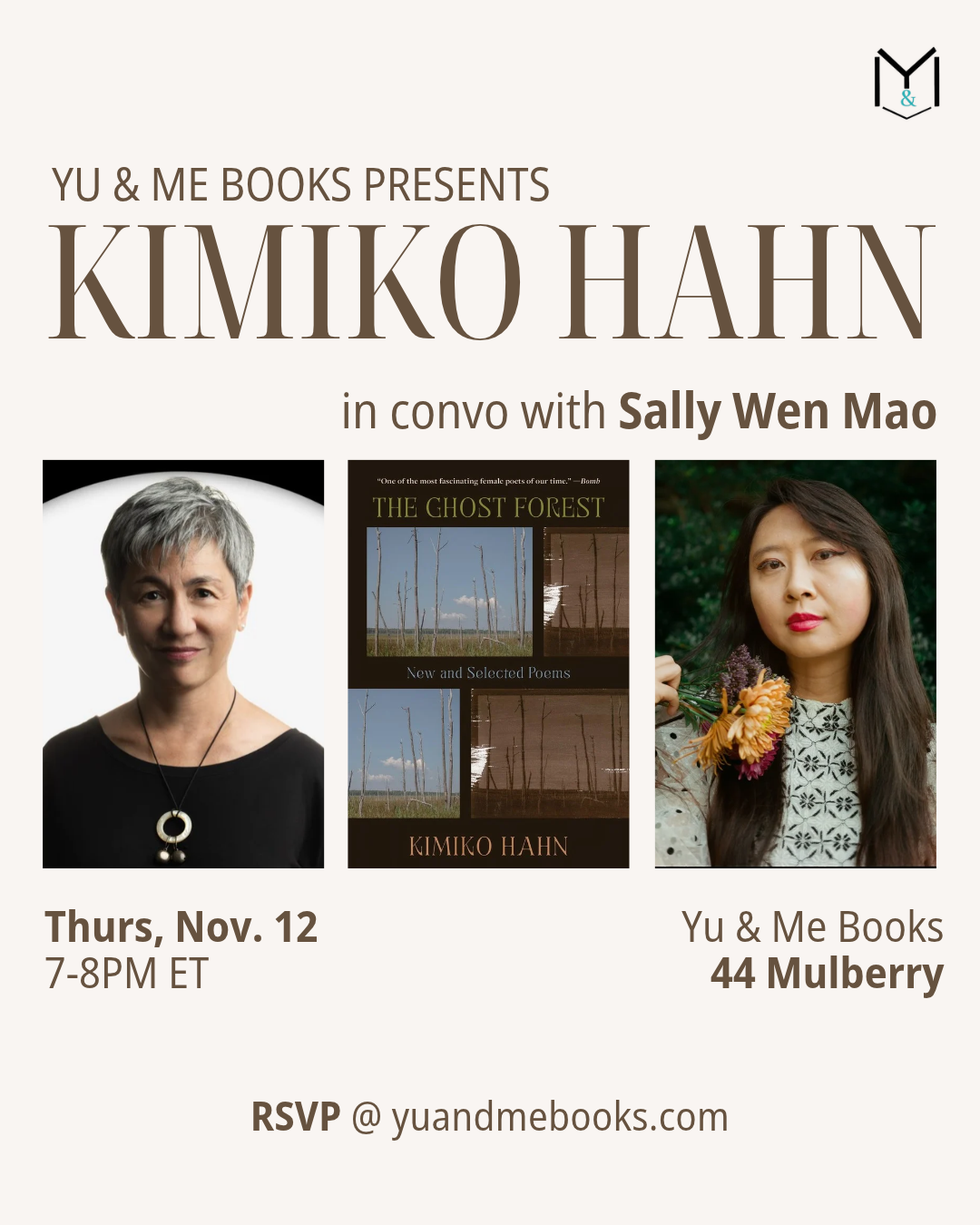Event flyer for the Book Launch | Ghost Forest by Kimiko Hahn, featuring the poetry collection’s cover art, event date, time, location, and RSVP website for the reading with Kimiko Hahn and Sally Wen Mao.