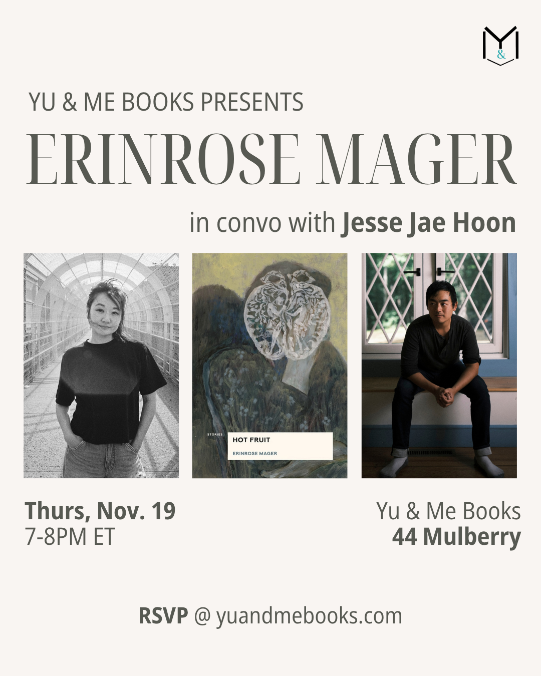 Event flyer for the Book Launch | Hotfruit by Erinrose Mager, featuring an author talk on Korean myths with Mager and Jesse Jae Hoon on Thursday, November 19, 7-8 PM ET at 44 Mulberry; RSVP at yuandmebooks.com.