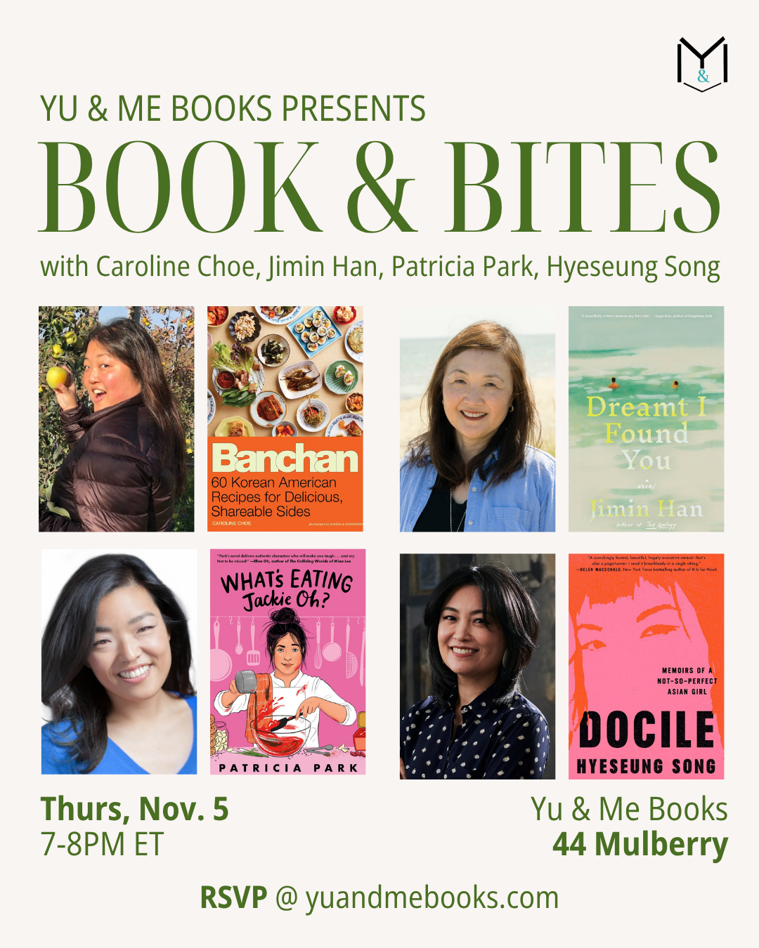 Event flyer for Books & Bites with Caroline Choe, Jimin Han, Patricia Park, Hyeseung Song, featuring the authors’ book covers, the event date of Thursday, November 5, and location details.