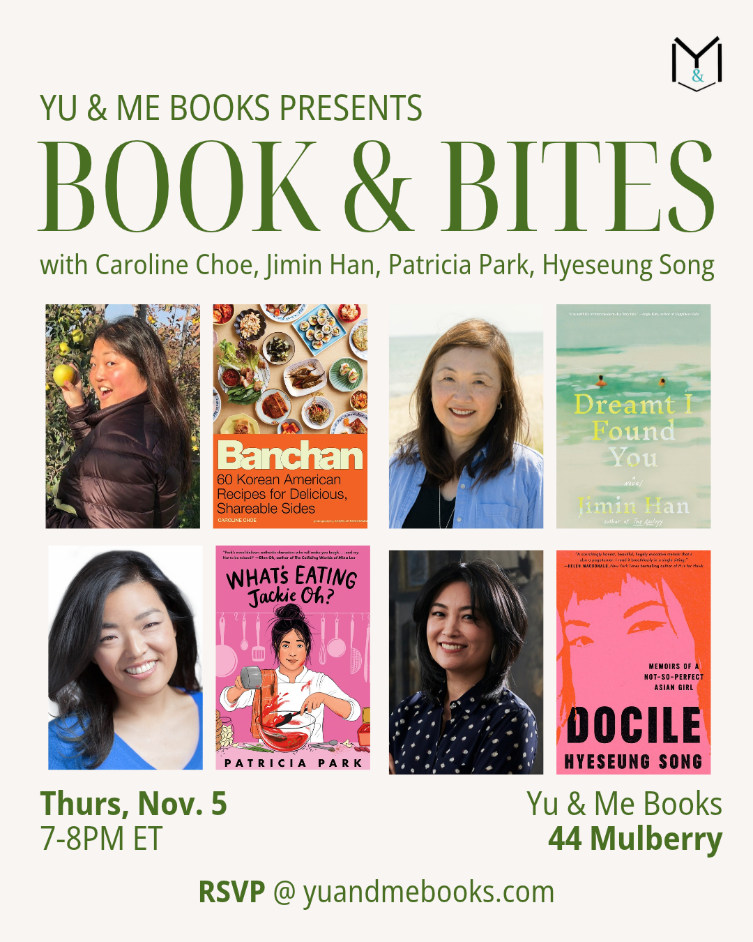 Event flyer for Books & Bites with Caroline Choe, Jimin Han, Patricia Park, Hyeseung Song on Thursday, November 5, from 7-8 PM ET at 44 Mulberry, featuring the authors and their books.