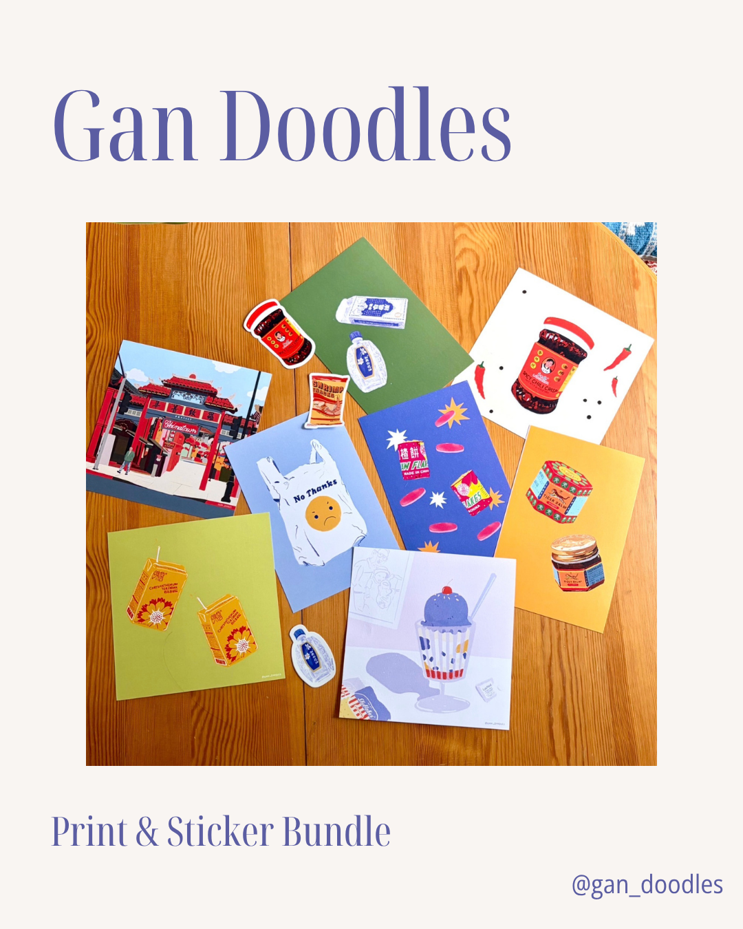 Nine colorful illustrated cards featuring drawings of jars, food, and buildings are spread out on a wooden table. Text reads [Raffle] Support Village Works Bookstore!, Yu & Me Books—capturing the vibrant spirit of NYC culture you’d find in your favorite community-oriented bookstore.