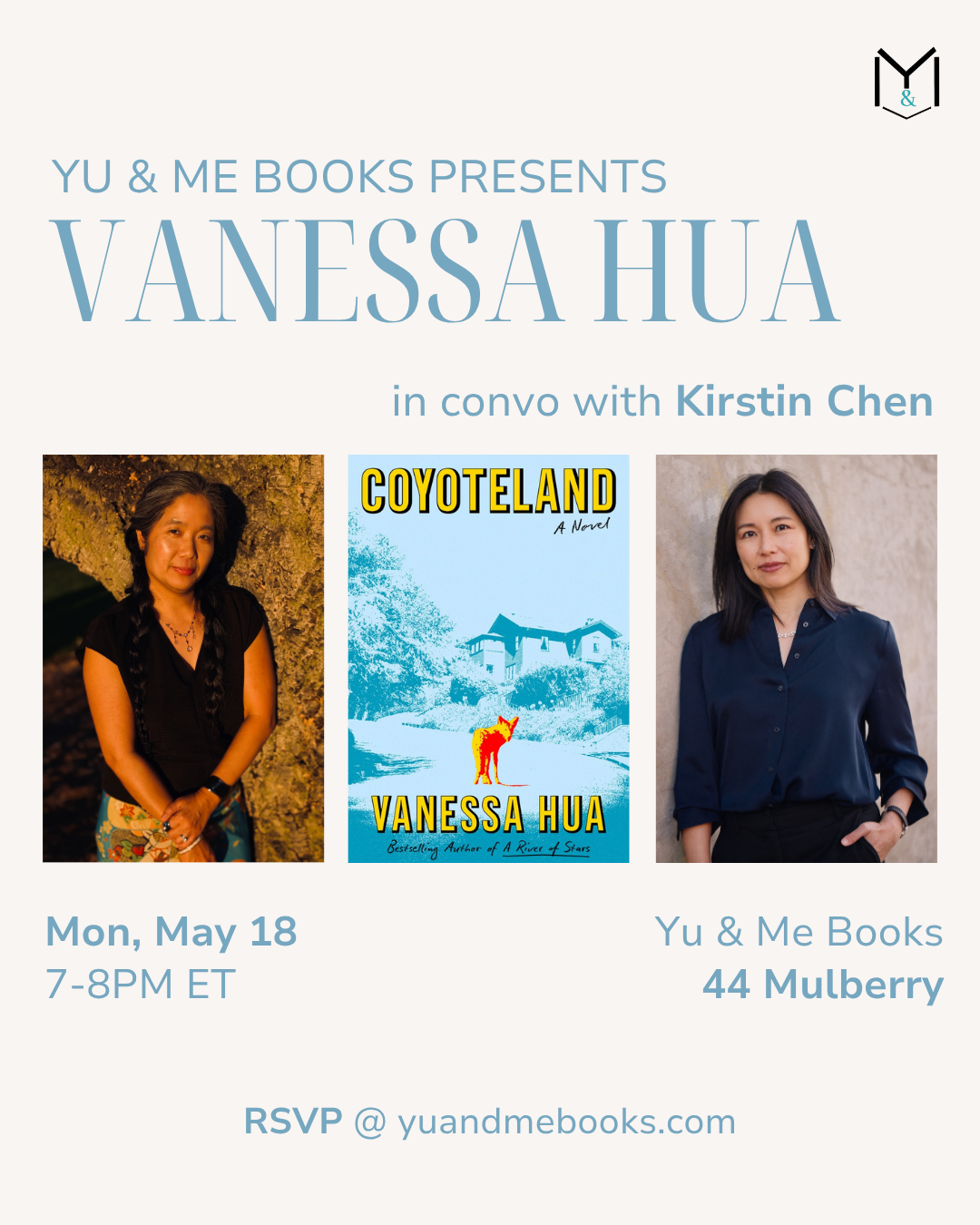 Event flyer featuring Vanessa Hua and Kirstin Chen, the cover of “Coyoteland,” and event details: Book Launch | Coyoteland by Vanessa Hua at Yu & Me Books, May 18, 7–8PM ET. RSVP for a signed copy at yuandmebooks.com.