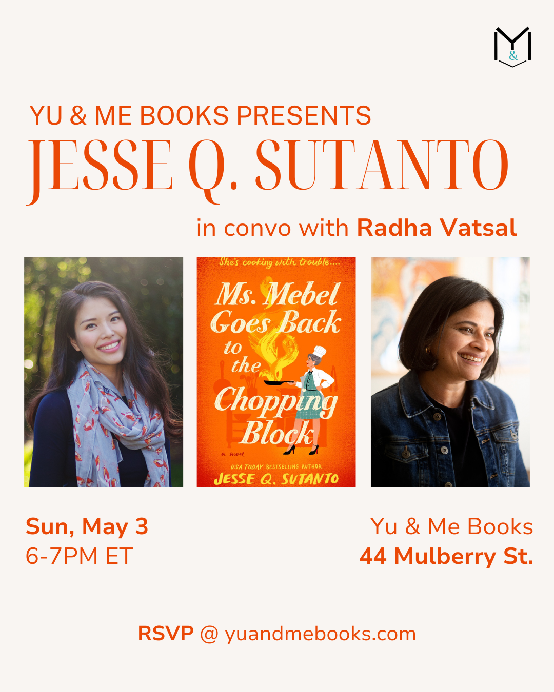 Yu & Me Books event poster: Book Talk | Ms Mebel Goes Back to the Chopping Block by Jesse Q Sutanto, featuring authors Jesse Q. Sutanto and Radha Vatsal, their photos, book cover, event info, date, venue, RSVP details. Signed copy available!.
