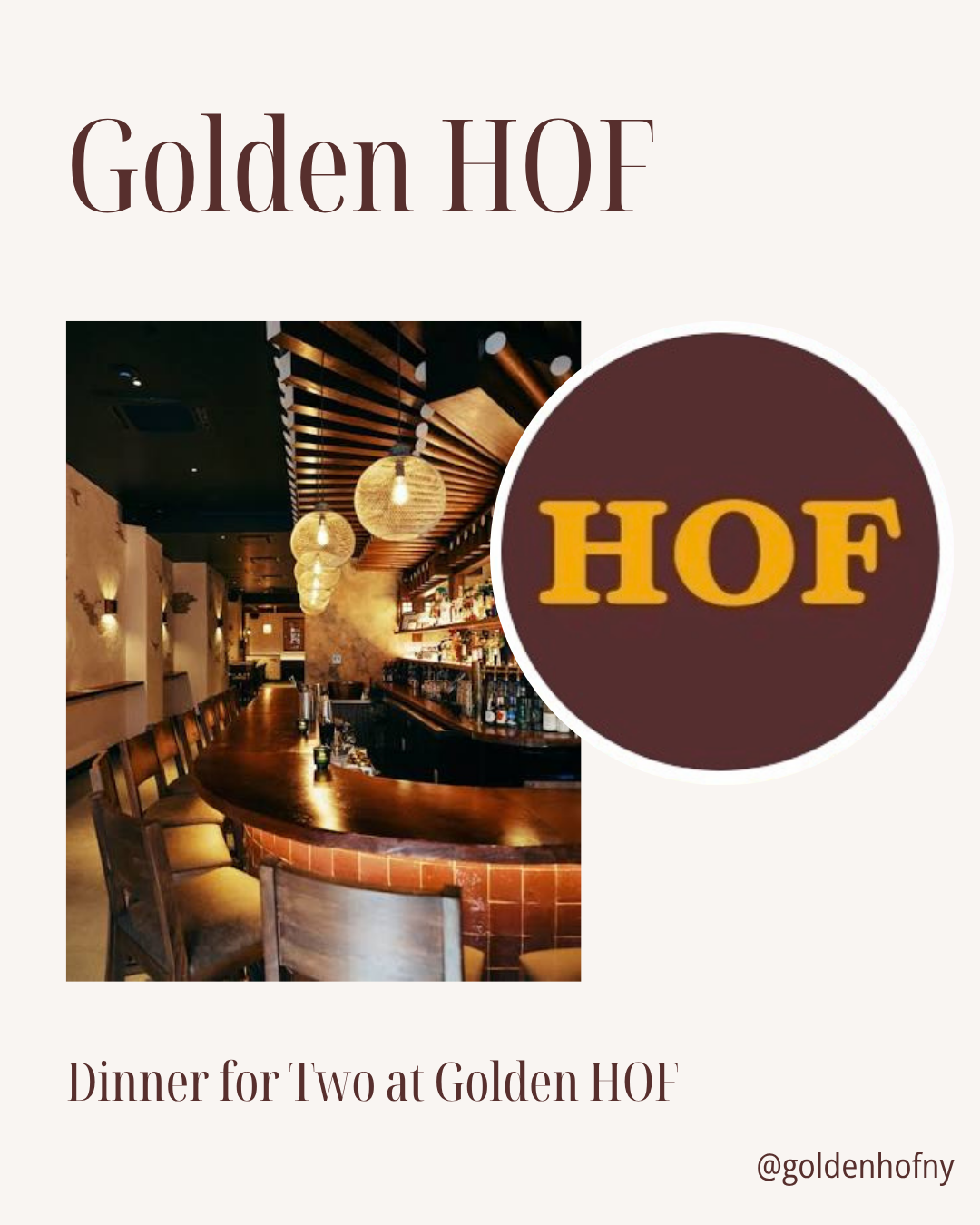 A cozy bar with wooden stools, hanging lights, and a warm ambiance inspired by NYC culture. The circular inset shows the word HOF in yellow on a brown background. Text: [Raffle] Support Village Works Bookstore! by Yu & Me Books.