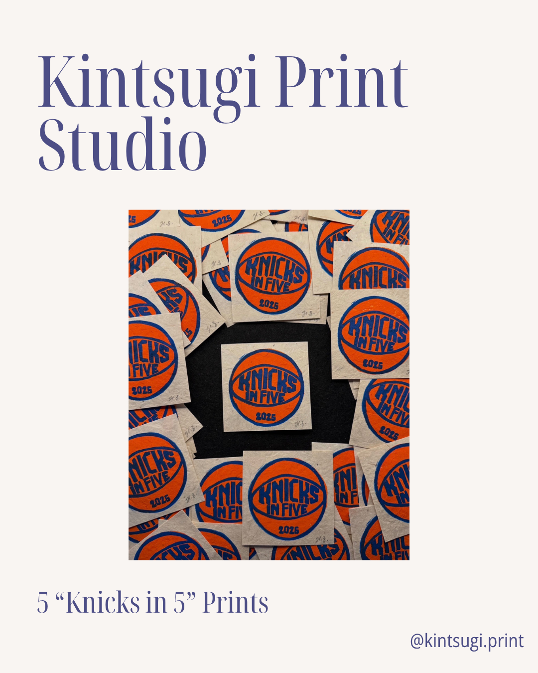 Centered on a beige background, this collage features five circular Knicks designs in vibrant orange, blue, and white prints—embodying the dynamic spirit of NYC culture. Text reads: Yu & Me Books and [Raffle] Support Village Works Bookstore!.