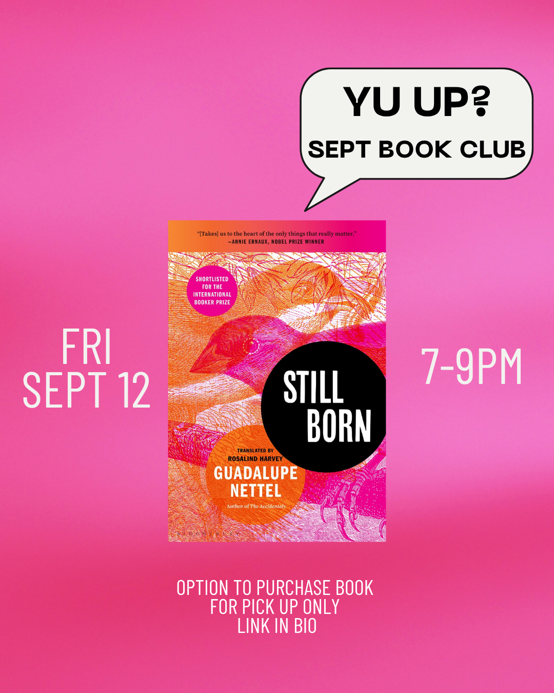 A vibrant pink flyer for Yu & Me Books' Yu Up? Book Club spotlights They Can't Kill Us Until They Kill Us by Hanif Abdurraqib. Fri Oct 25, 7-9PM. Speech bubble: YU UP? Book pick up only—link in bio.