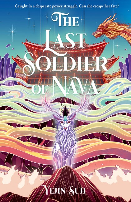 A mystical white deer with horns stands before flowing ribbons as shadow magic weaves through an Asian-style palace under a vibrant sky. Last Soldier of Nava by Yejin Suh (Signed & Personalized) from Yu & Me Books includes a FREE postcard!.