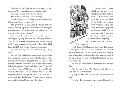 Open to pages 12–13 of Nine Moons of Han Yu and Luli by Karina Yan Glaser (Yu & Me Books, w/ Gift Set!): page 13 shows a black-and-white sketch of city buildings with Silk Roads Gift Shop and Jade Palace Restaurant signs.