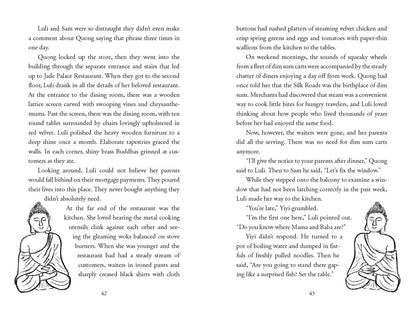 Pages 42–43 of Nine Moons of Han Yu and Luli by Karina Yan Glaser (Yu & Me Books) feature black serif text on white, describing family, food, and a restaurant scene with Luli and Sam. No images or illustrations. Gift set included.