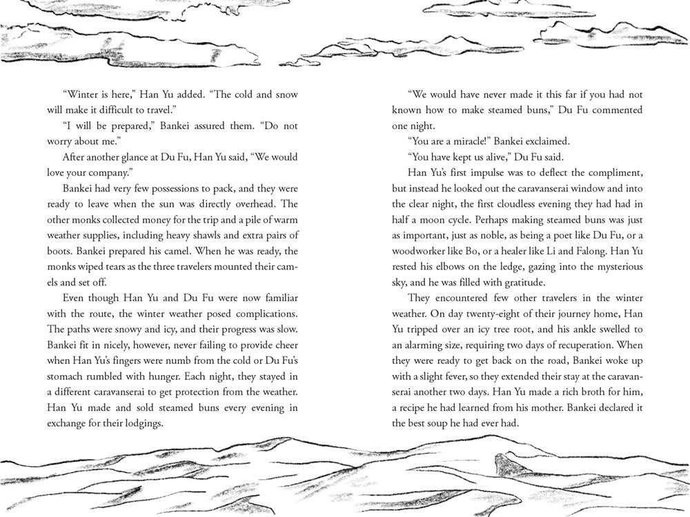 Two pages depict a winter journey with travelers braving snow, seeking food and lodging, aided by a woodcutter—echoing scenes found in Nine Moons of Han Yu and Luli by Karina Yan Glaser (with Gift Set!) from Yu & Me Books.