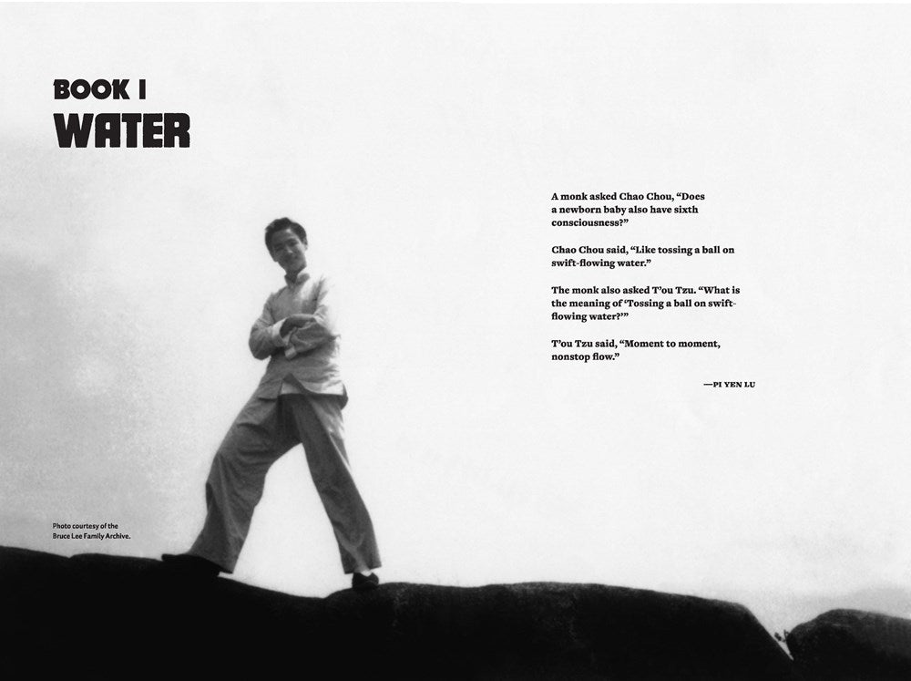 A black-and-white photo of Bruce Lee in white on rocks appears with water and martial arts text, titled "BOOK I WATER." Photo courtesy of Bruce Lee Family Archive. Product: Water Mirror Echo by Jeff Chang (signed bookplate), Yu & Me Books.