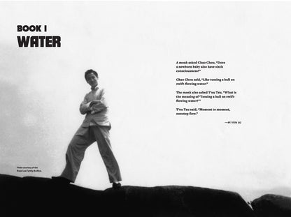 A black-and-white photo of Bruce Lee in white on rocks appears with water and martial arts text, titled "BOOK I WATER." Photo courtesy of Bruce Lee Family Archive. Product: Water Mirror Echo by Jeff Chang (signed bookplate), Yu & Me Books.