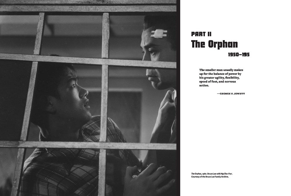 Black-and-white image of a man gripping another’s collar through bars. The quote from George E. Juveyt highlights this chapter in Bruce Lee’s biography, featured in "Water Mirror Echo" by Jeff Chang (signed bookplate), from Yu & Me Books.