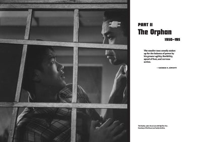 Black-and-white image of a man gripping another’s collar through bars. The quote from George E. Juveyt highlights this chapter in Bruce Lee’s biography, featured in "Water Mirror Echo" by Jeff Chang (signed bookplate), from Yu & Me Books.