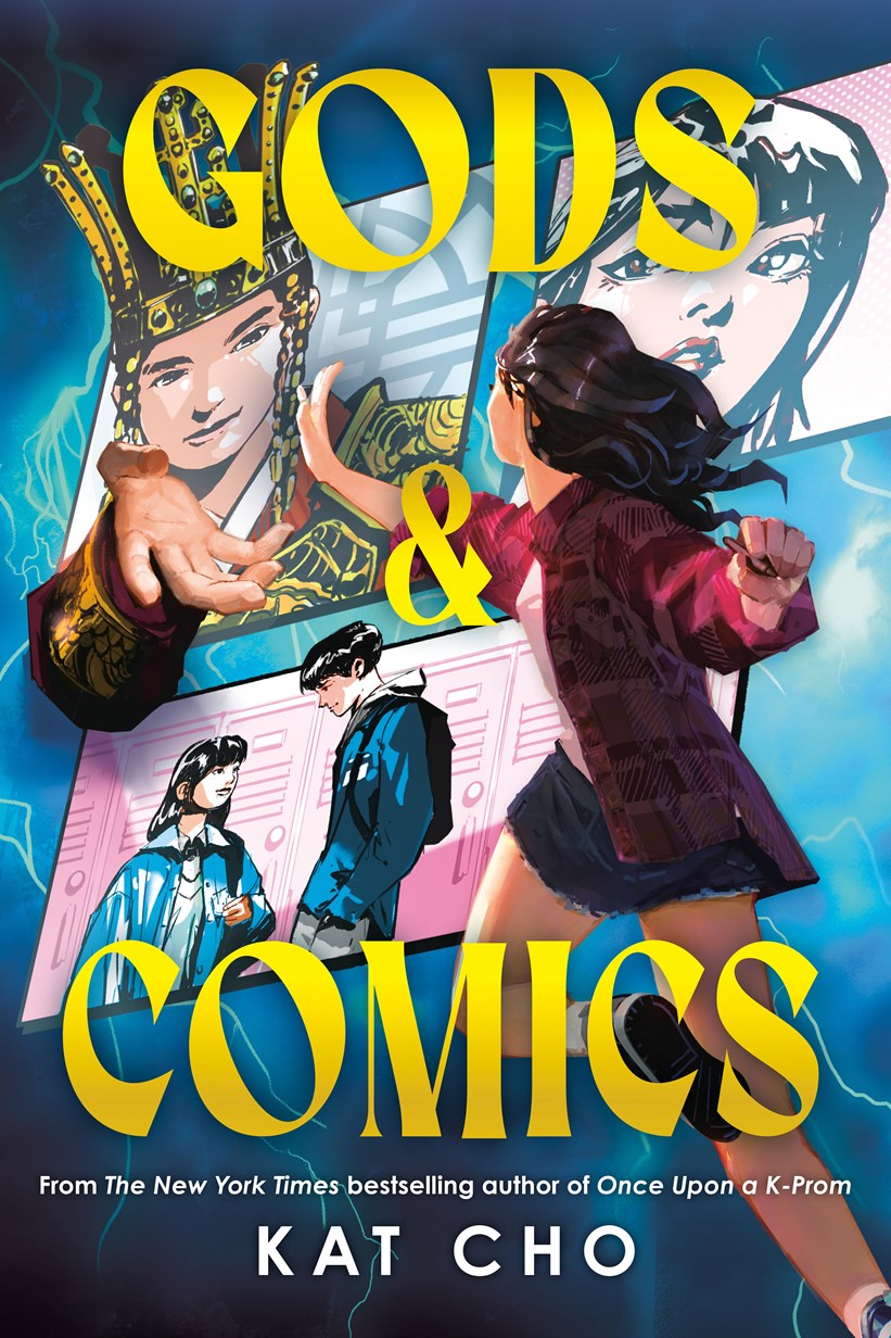 A girl in a school uniform bursts from a comic panel as vibrant Korean myth romance unfolds behind her. Gods & Comics by Kat Cho (Signed & Personalized!) is bold and yellow. Available at Yu & Me Books.