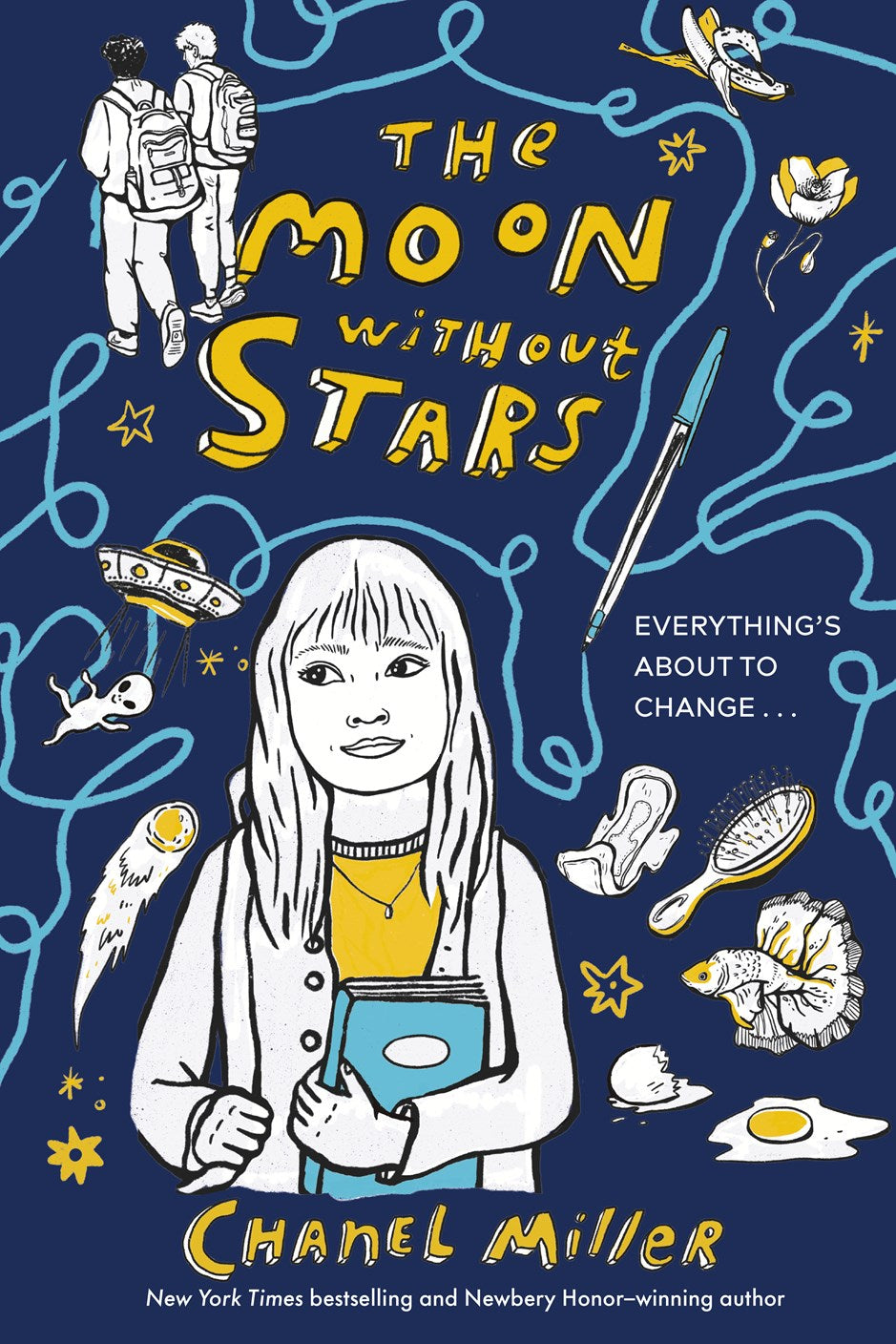 Moon Without Stars by Chanel Miller (Signed & Personalized) from Yu & Me Books—book cover features a girl with a book, stars, butterfly, school items, two students walking, and playful blue lines in the background.