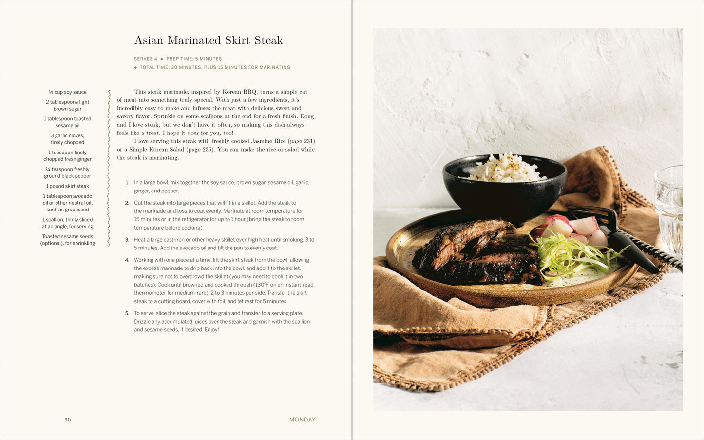 A cookbook spread from Maxi's Kitchen by Maxine Sharf (Signed! Limited Qty, Yu & Me Books) showcases an Asian Marinated Skirt Steak recipe alongside a photo of grilled steak with rice, veggies, chopsticks, and dipping sauce.