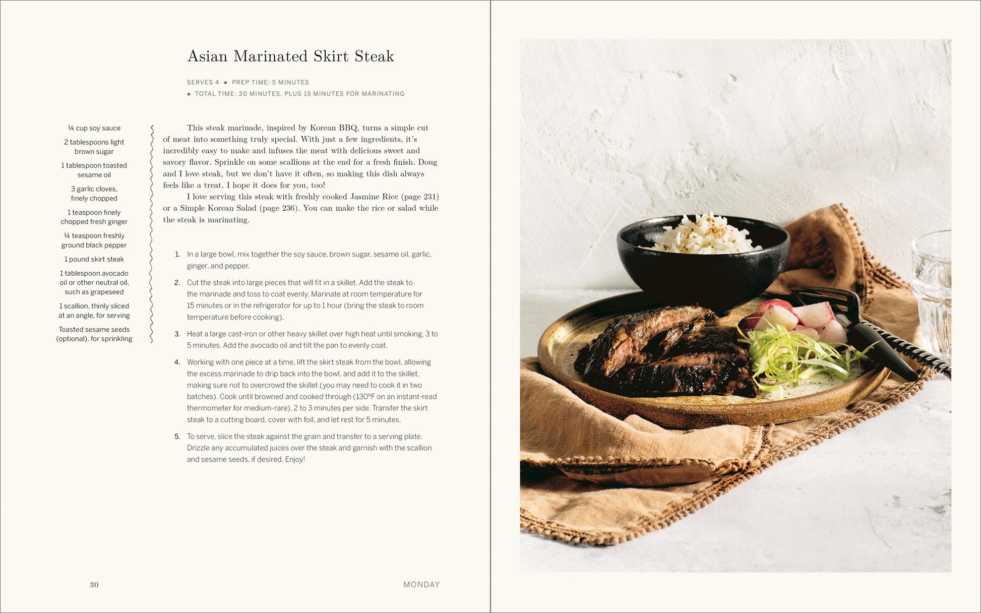 A cookbook spread from Maxi's Kitchen by Maxine Sharf (Signed! Limited Qty, Yu & Me Books) showcases an Asian Marinated Skirt Steak recipe alongside a photo of grilled steak with rice, veggies, chopsticks, and dipping sauce.