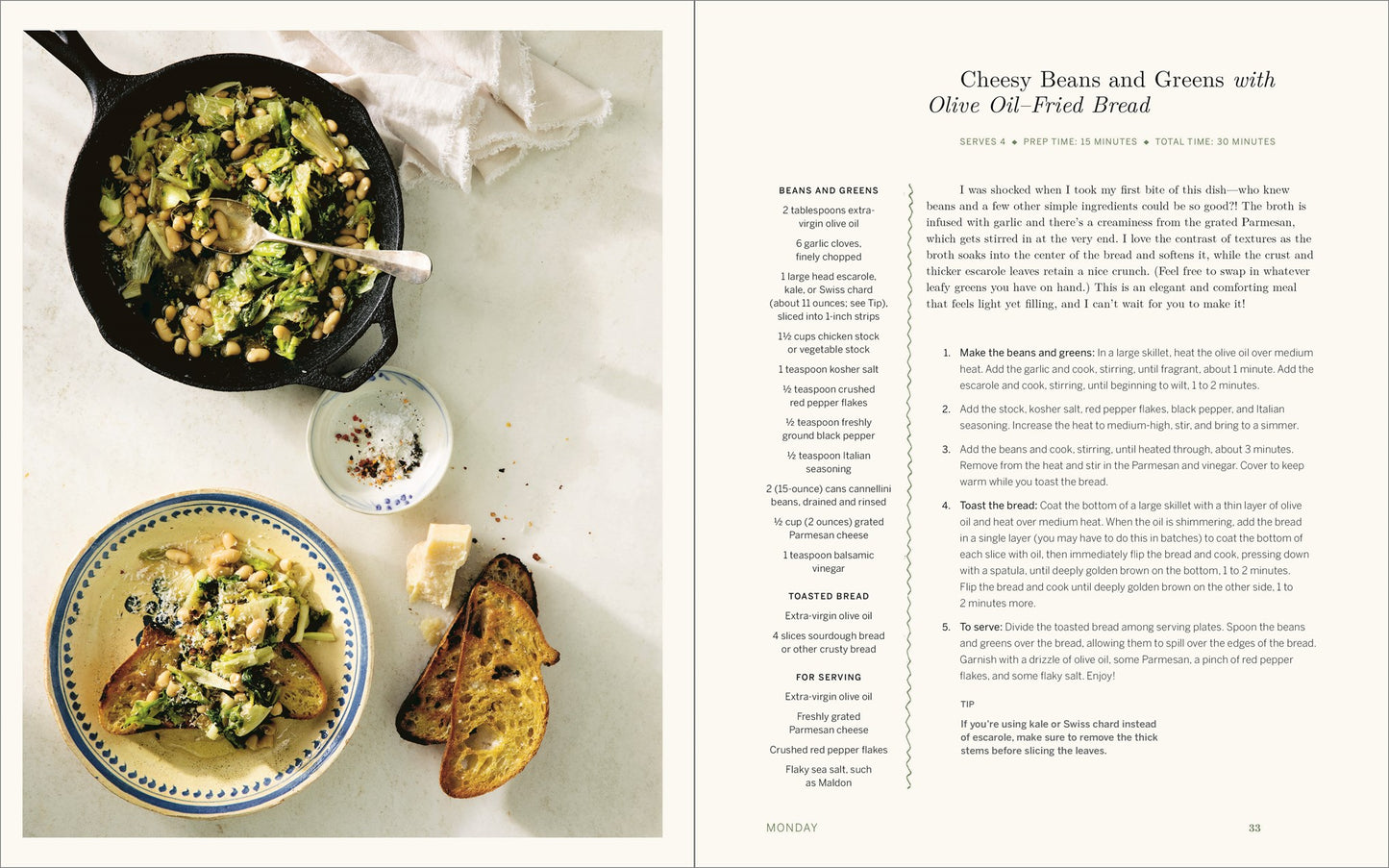 A signed copy of Maxi's Kitchen by Maxine Sharf (Yu & Me Books) shows “Cheesy Beans and Greens with Olive Oil–Fried Bread” plated with toasted bread on the left page, and the recipe text on the right. Limited quantity available.