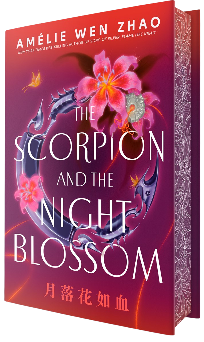 Scorpion and the Night Blossom by Amélie Wen Zhao (Signed & Personalized!) from Yu & Me Books features a purple and pink cover with a glowing orchid above a metallic scorpion tail, plus the author’s name and Chinese characters.