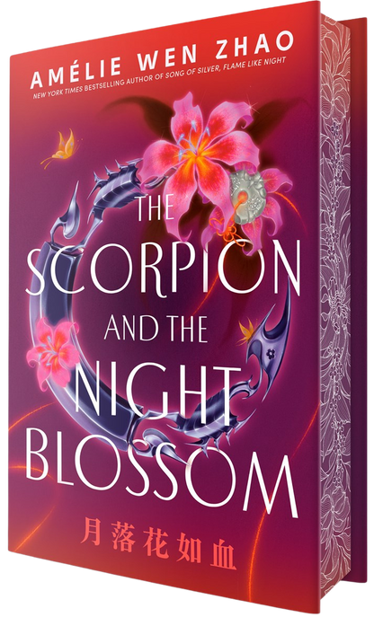 Scorpion and the Night Blossom by Amélie Wen Zhao (Signed & Personalized!) from Yu & Me Books features a purple and pink cover with a glowing orchid above a metallic scorpion tail, plus the author’s name and Chinese characters.