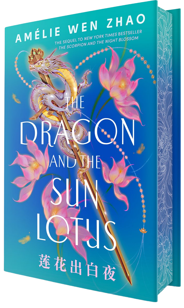 The Dragon and the Sun Lotus by Amelie Wen Zhao (Signed & Personalized!), available at Yu & Me Books, features a golden dragon coiled around a sword among pink lotus flowers on a blue cover with Chinese characters at the bottom.