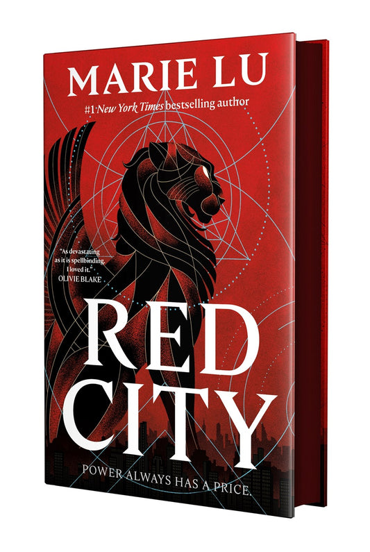 Red City by Marie Lu (Signed!) from Yu & Me Books is a red and black contemporary fantasy featuring a stylized lion with geometric patterns. The bottom tagline reads, "Power always has a price.